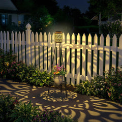 Solar Lantern with Plant Stand, Bronze Metal, Patio Garden Decor