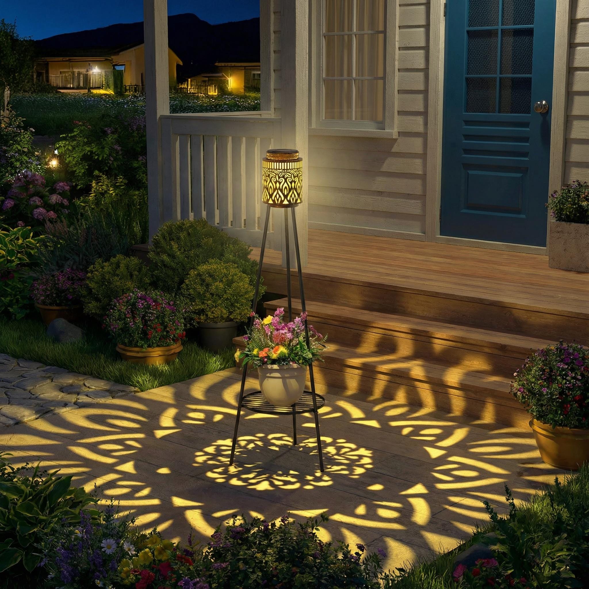 Solar Lantern with Plant Stand, Bronze Metal, Patio Garden Decor
