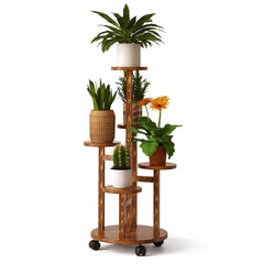 5 Tier Rolling Plant Stand, Carbonized Pine Wood Shelf with Wheels