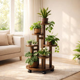 5 Tier Rolling Plant Stand, Carbonized Pine Wood Shelf with Wheels