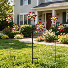 Metal Flower Wind Spinner Stake, Outdoor Garden Kinetic Sculpture, Yard Art Decor, 3 Designs, UV Resistant