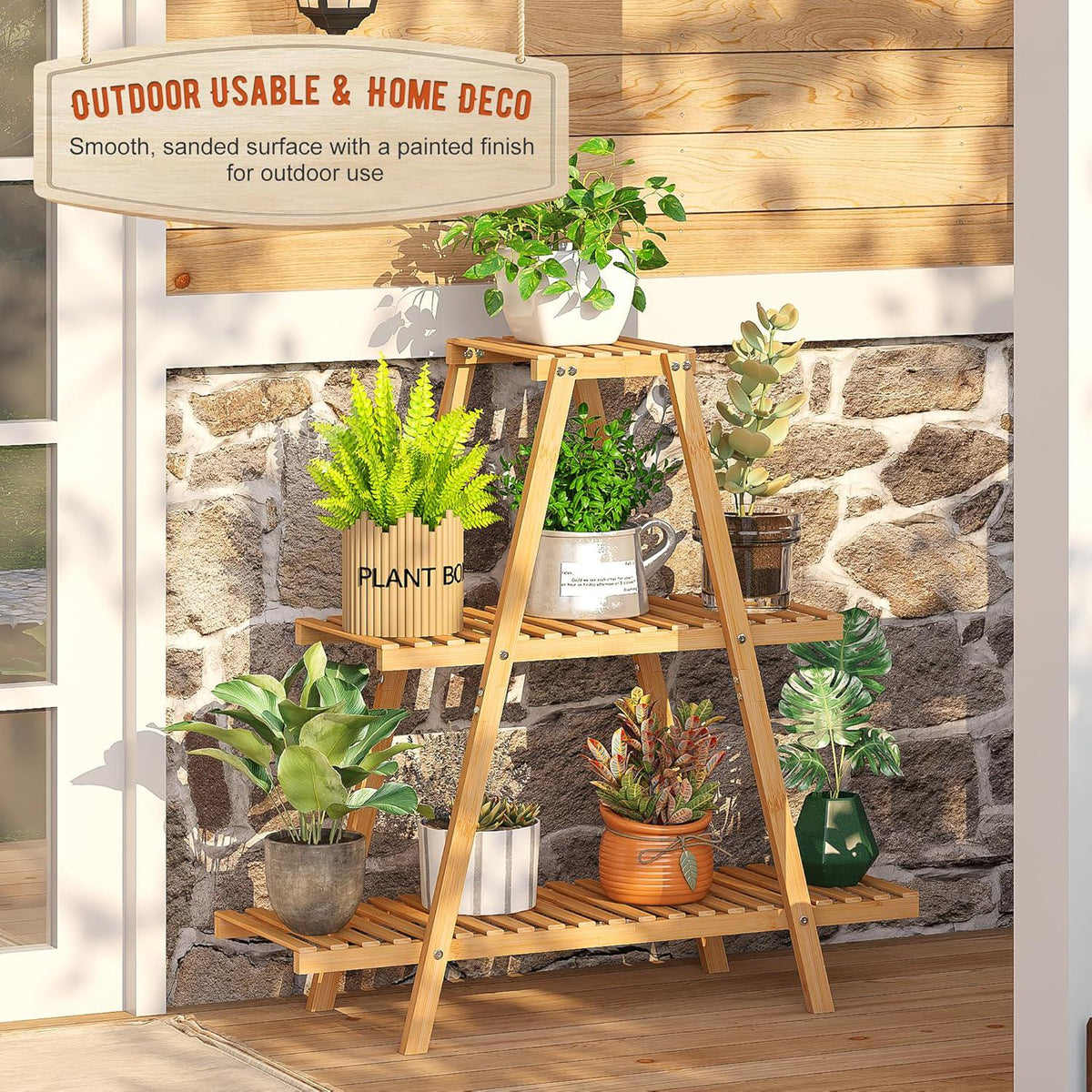 3-Tier Bamboo Plant Stand, Indoor Outdoor Ladder Shelf & Flower Rack