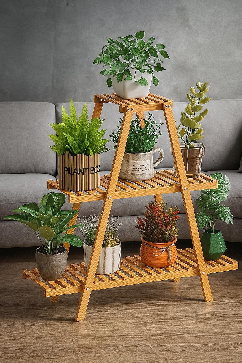 3-Tier Bamboo Plant Stand, Indoor Outdoor Ladder Shelf & Flower Rack