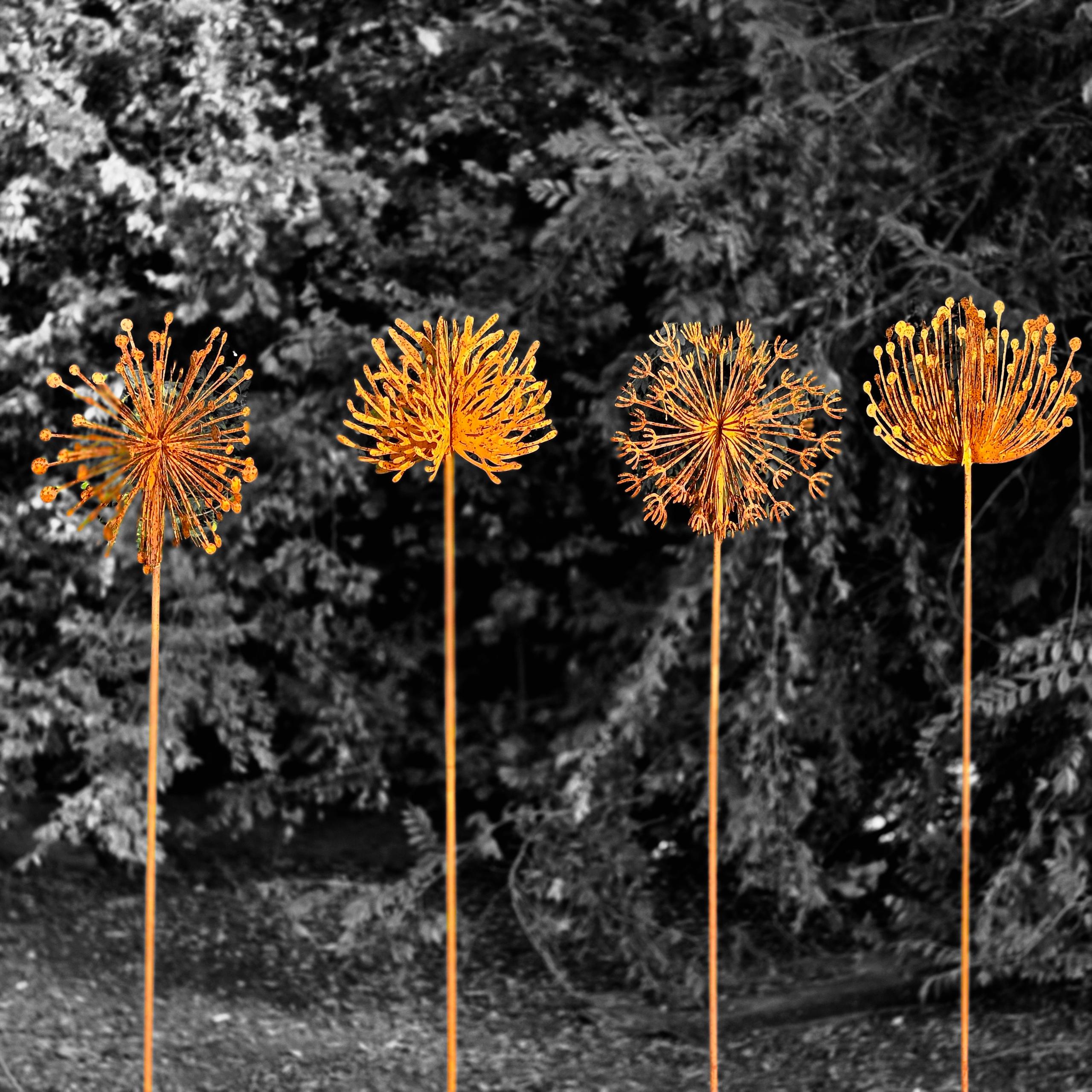 Set of 4 Rusty Metal Dandelion Garden Stake 3D Hand-Welded Design