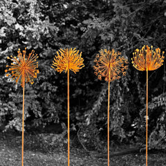 Set of 4 Rusty Metal Dandelion Garden Stake 3D Hand-Welded Design