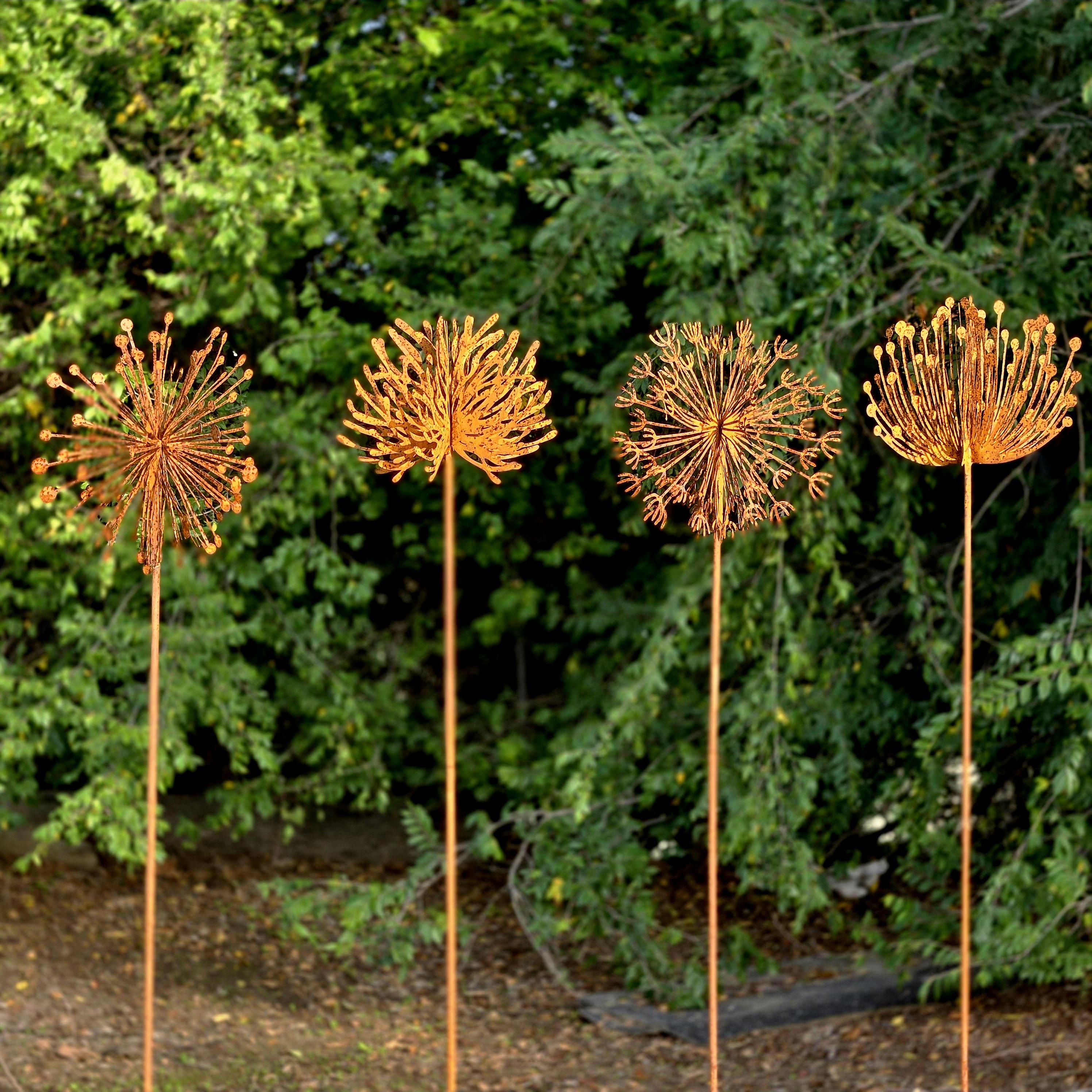 Set of 4 Rusty Metal Dandelion Garden Stake 3D Hand-Welded Design