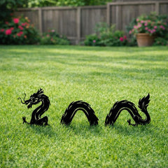 Metal Garden Stakes Dragon, Outdoor Yard Decor, Black Steel