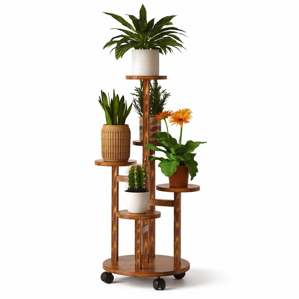 5 Tier Rolling Plant Stand, Carbonized Pine Wood Shelf with Wheels