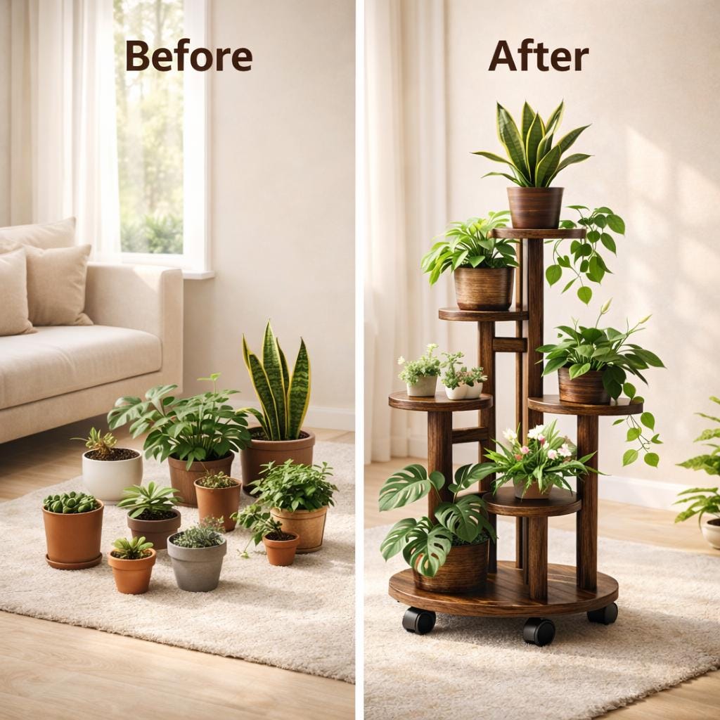 5 Tier Rolling Plant Stand, Carbonized Pine Wood Shelf with Wheels