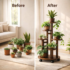5 Tier Rolling Plant Stand, Carbonized Pine Wood Shelf with Wheels