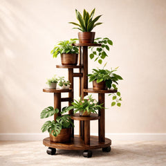 5 Tier Rolling Plant Stand, Carbonized Pine Wood Shelf with Wheels