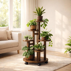 5 Tier Rolling Plant Stand, Carbonized Pine Wood Shelf with Wheels