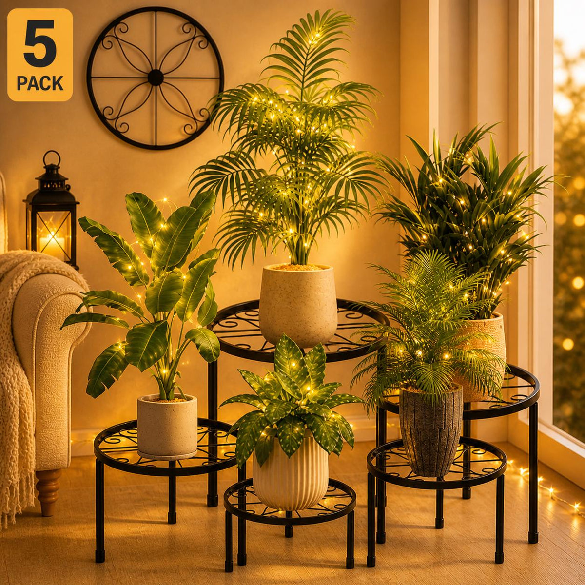 Set of 5 Metal Plant Stands, Heavy Duty Indoor Outdoor Flower Pot Risers