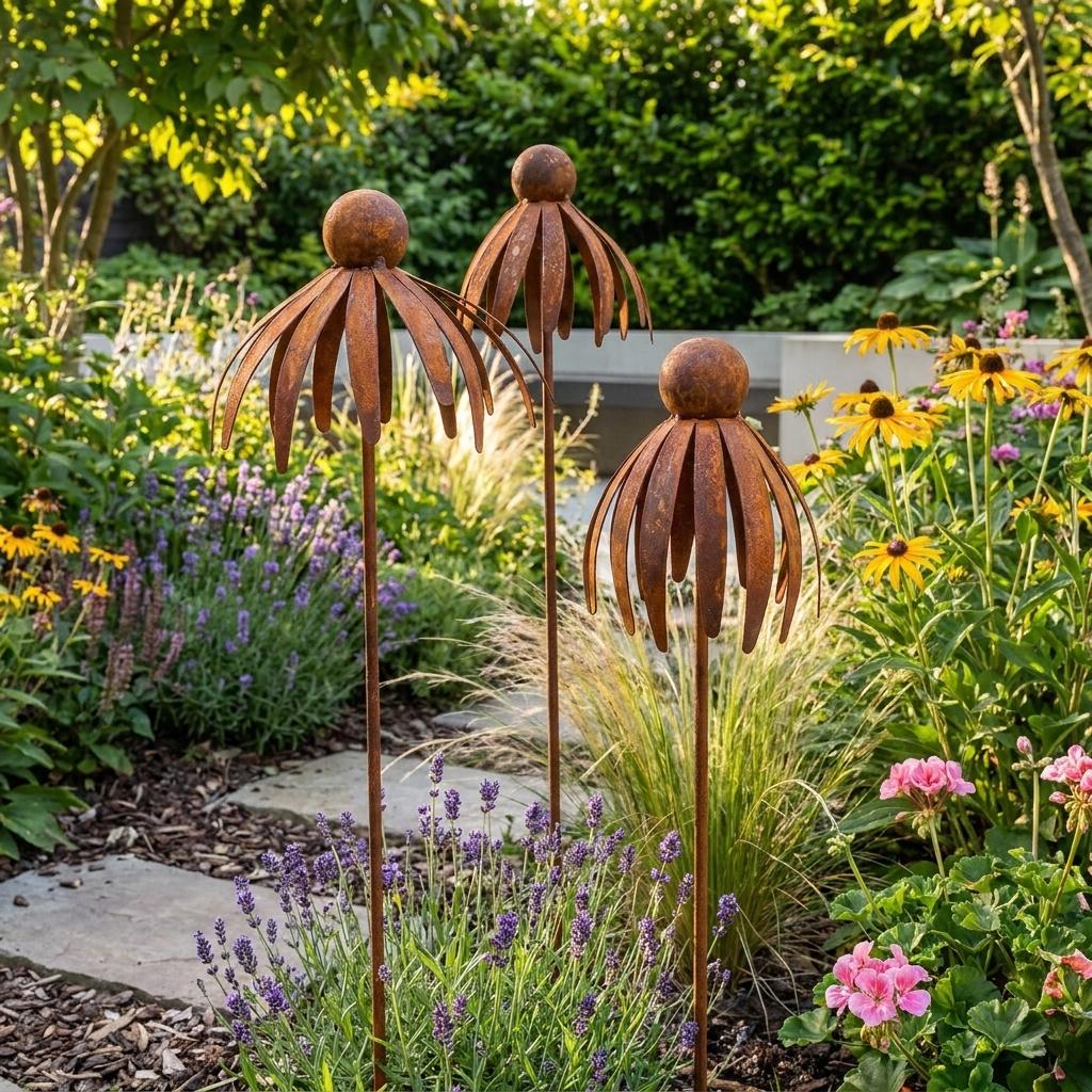 Metal Flower Garden Stakes, Outdoor Yard Decor, Floral Patio Sculpture