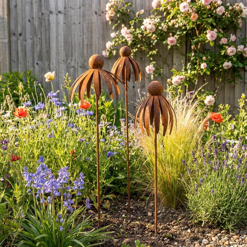 Metal Flower Garden Stakes, Outdoor Yard Decor, Floral Patio Sculpture