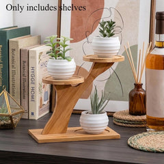 2-Tier Bamboo Plant Stand with Ceramic Pots, Modern Desktop Shelf, Balcony Decor Organizer