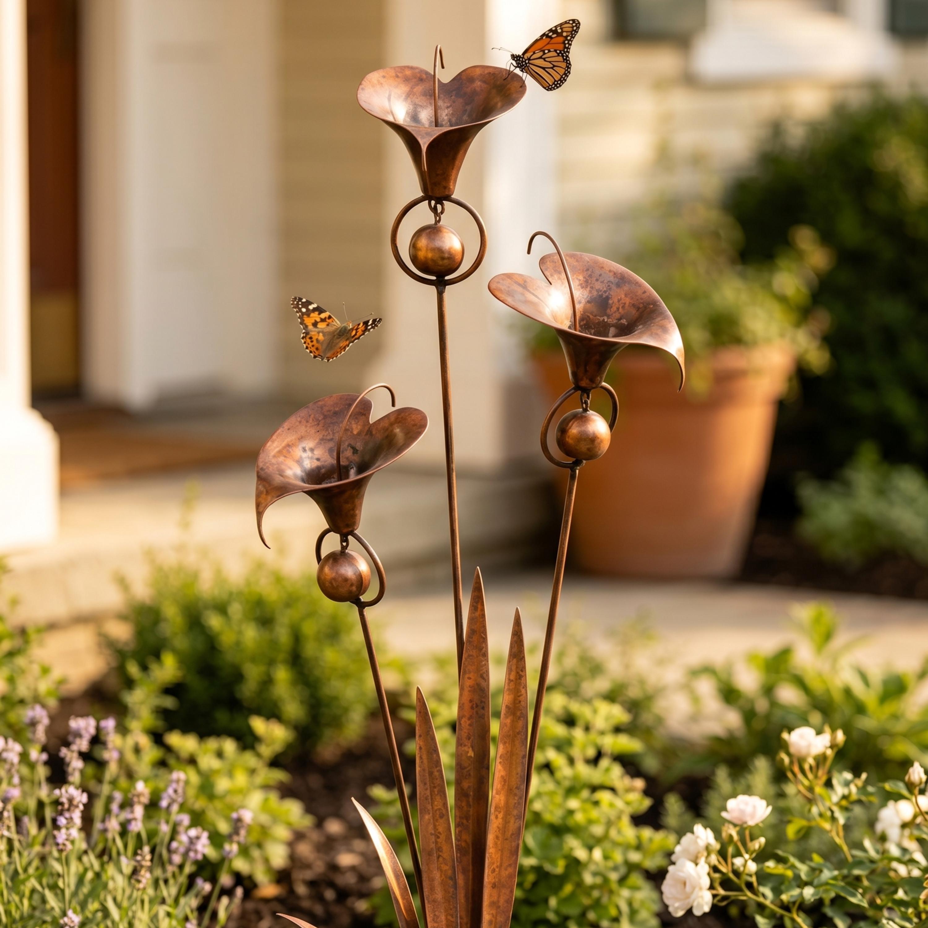 Copper Flower Garden Stake, Metal Yard Art Decor, Outdoor Garden Sculpture, Flower Bed Decor, Patio Lawn Ornament