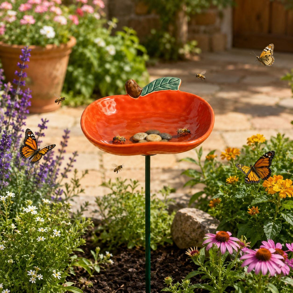 Set of 4 Fruit Bee Waterer Garden Stakes, Ceramic Bee Water Station, Butterfly & Bird Bath, Outdoor Pollinator Garden Decor